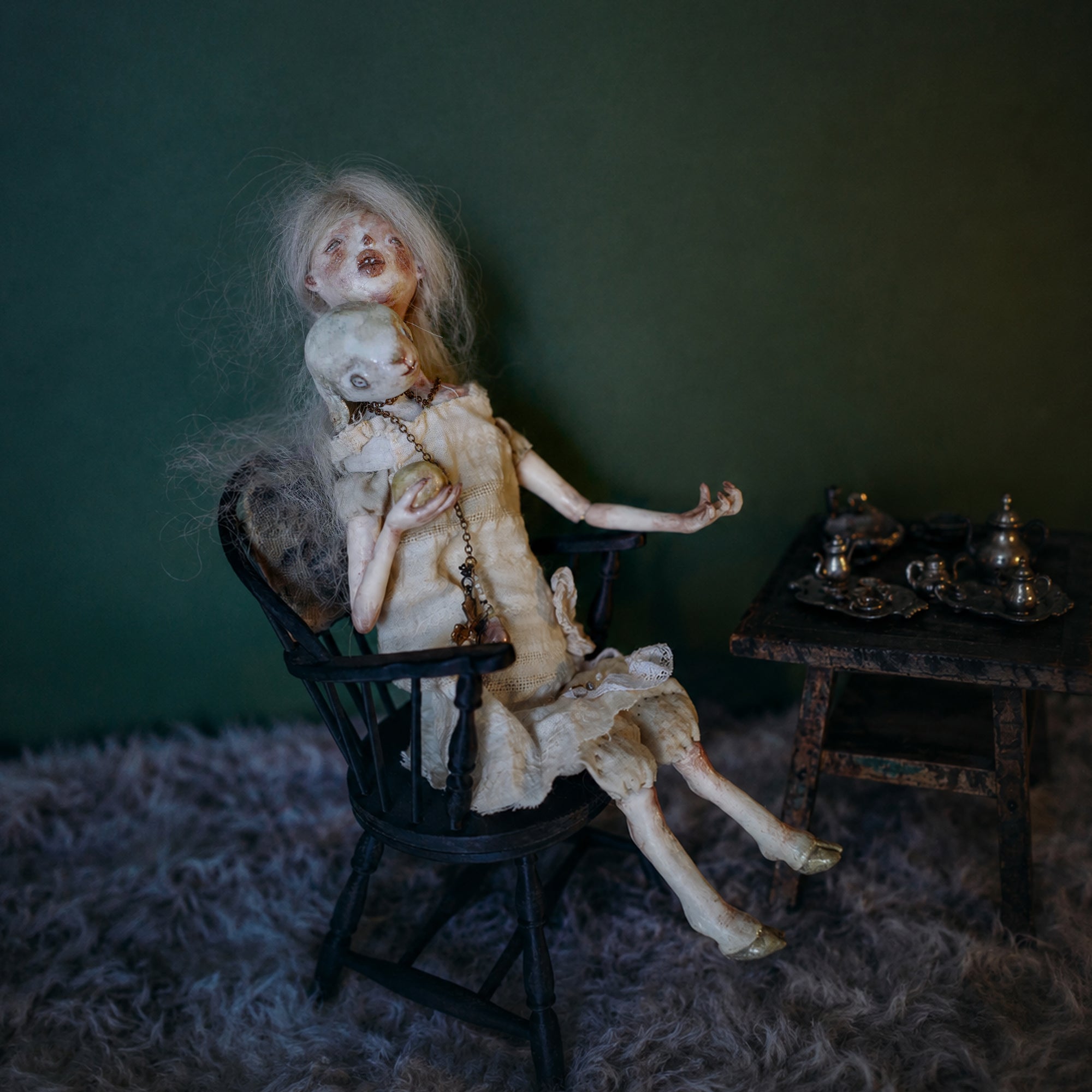 A008 Handmade Lamb Doll with Chair, 26cm Resin Clay Textile Art Doll, One of a Kind Lambwick Manor Collectible Sculpture Decor