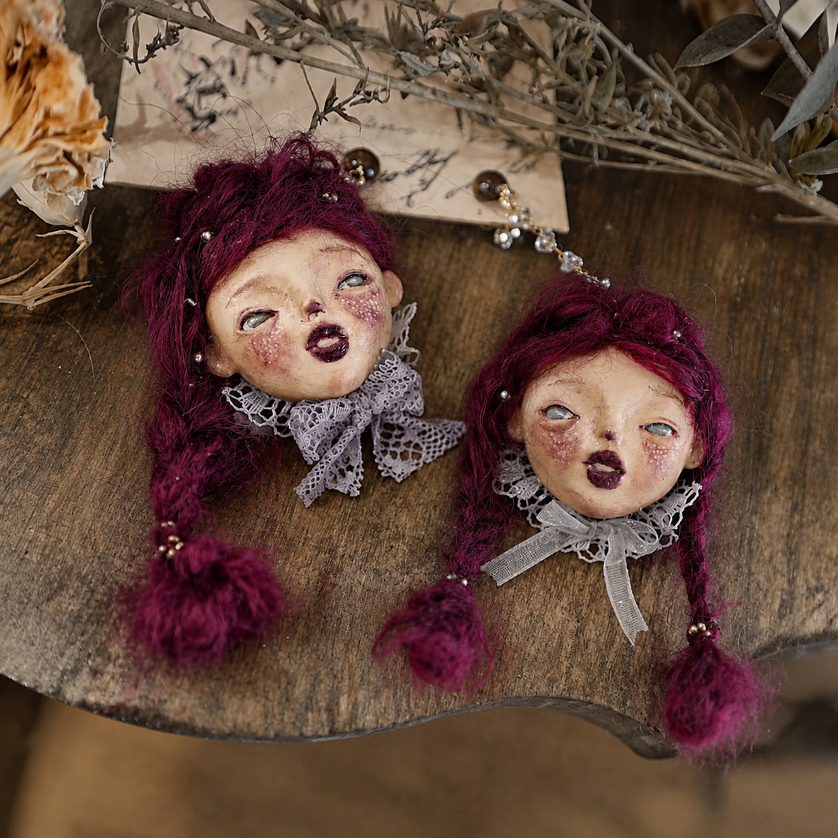 A014 Purple Hair Doll Earrings, Handmade Asymmetrical Doll Earring Pair, No.1 / No.2 / Full Pair, Wearable Art