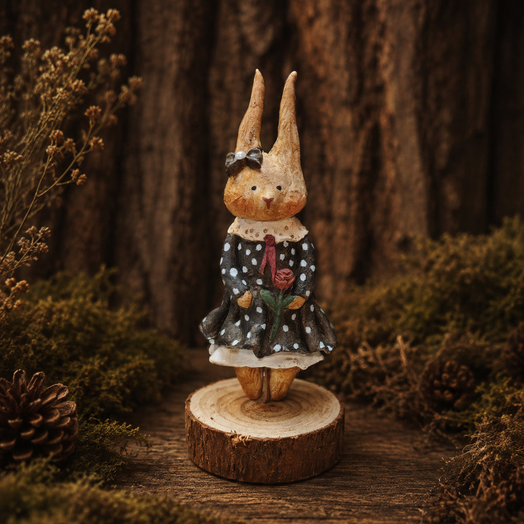 Winterwood Atelier Willowwick Family Rabbit Doll, Hand Sculpted Stone Clay Bunny Figurine with Watercolor Card, Guest Artist Tuacii