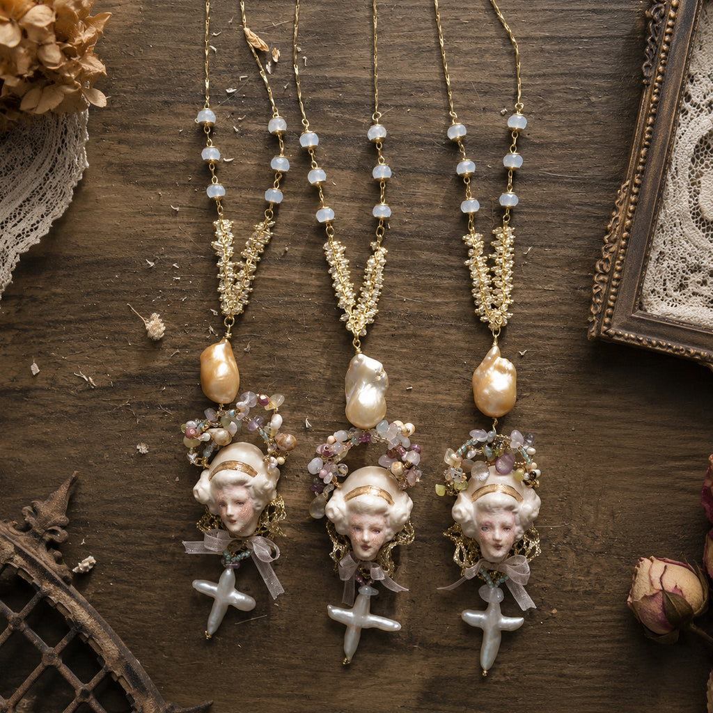 A011 Odette Cross Doll Necklace, Handmade Resin Clay Face, Baroque Pearl and Czech Bead, Romantic Gothic Wearable Art Jewelry Gift