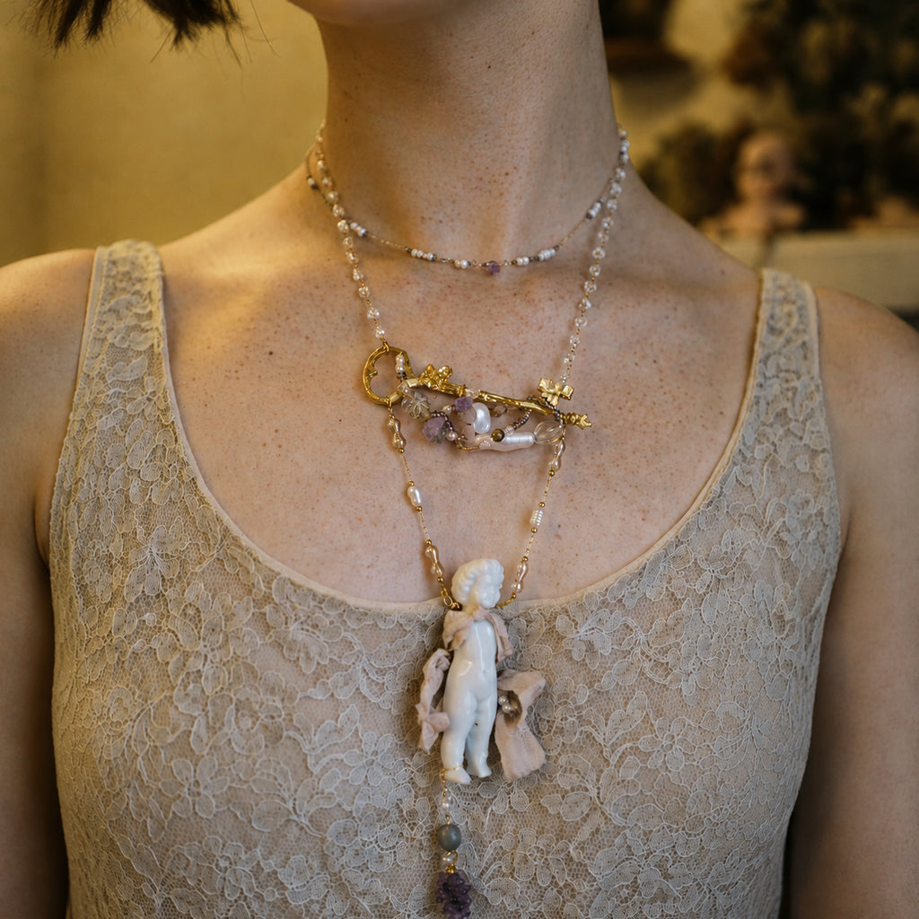 A012 Charlotte Porcelain Doll Necklace, Antique Inspired Ceramic Figure Pendant, Beaded Gold Tone Chain, Romantic Wearable Art Jewelry