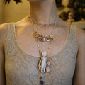 A012 Charlotte Porcelain Doll Necklace, Antique Inspired Ceramic Figure Pendant, Beaded Gold Tone Chain, Romantic Wearable Art Jewelry
