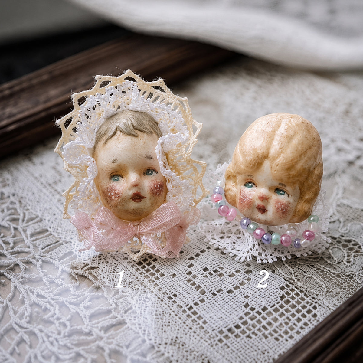 A016 Handmade Doll Face Statement Ring, Giant Baby or Pumpkin Head, Resin Clay Lace Beaded Gold-Plated Copper Wearable Art Jewelry