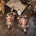 A015 Odette Doll Statement Earring or Clip-On, Handmade Clay Face with Czech Beads, Baroque Pearls, Gold-Plated Copper Wearable Art