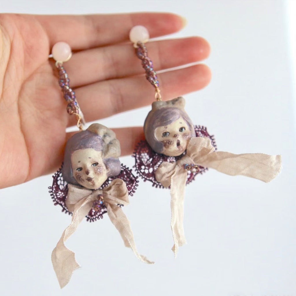 A013 Mabel & Lucille Doll Jewelry Set, Asymmetric Earrings and Girl Necklace, Handmade Clay Czech Bead Wool Hair Wearable Art