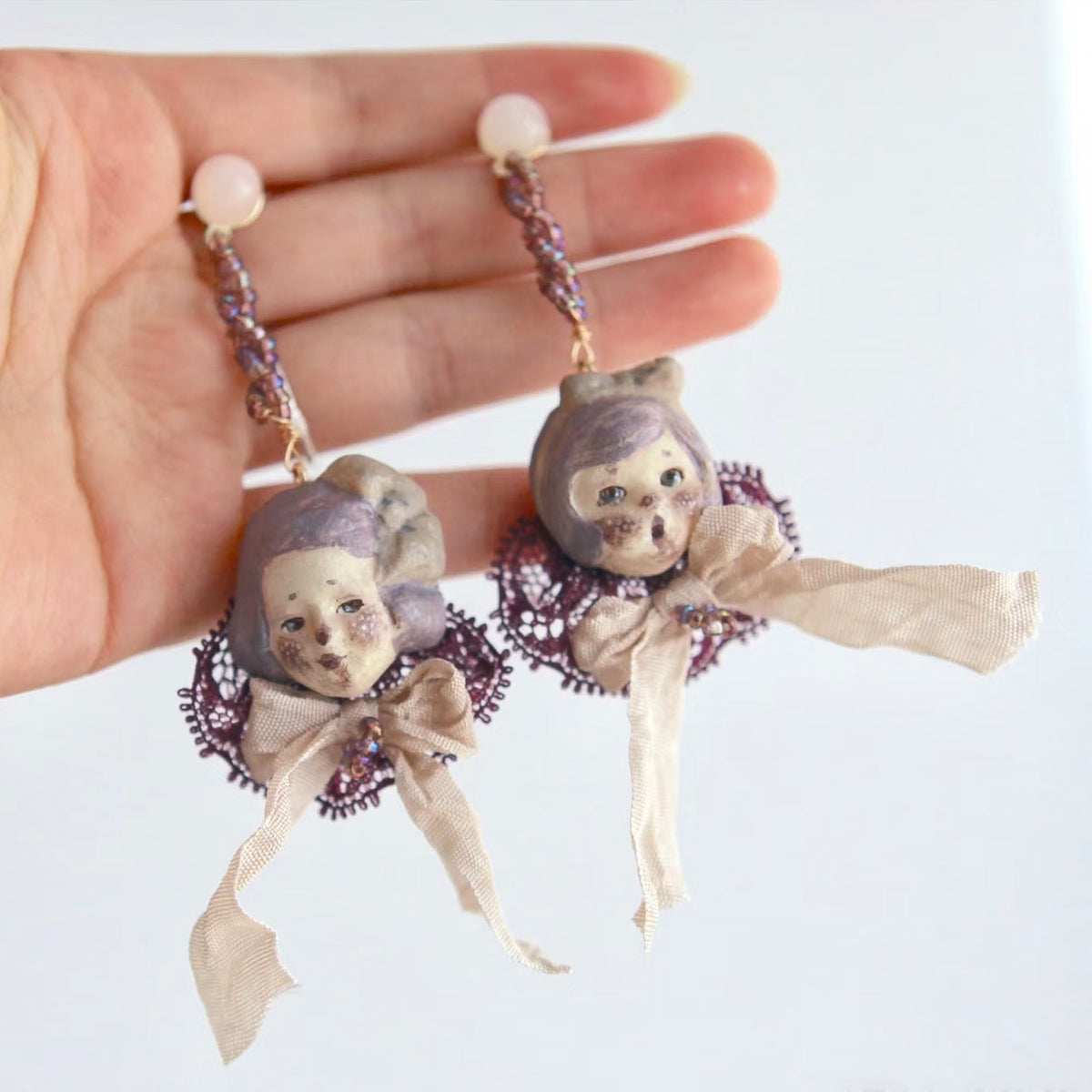 A013 Mabel & Lucille Doll Jewelry Set, Asymmetric Earrings and Girl Necklace, Handmade Clay Czech Bead Wool Hair Wearable Art
