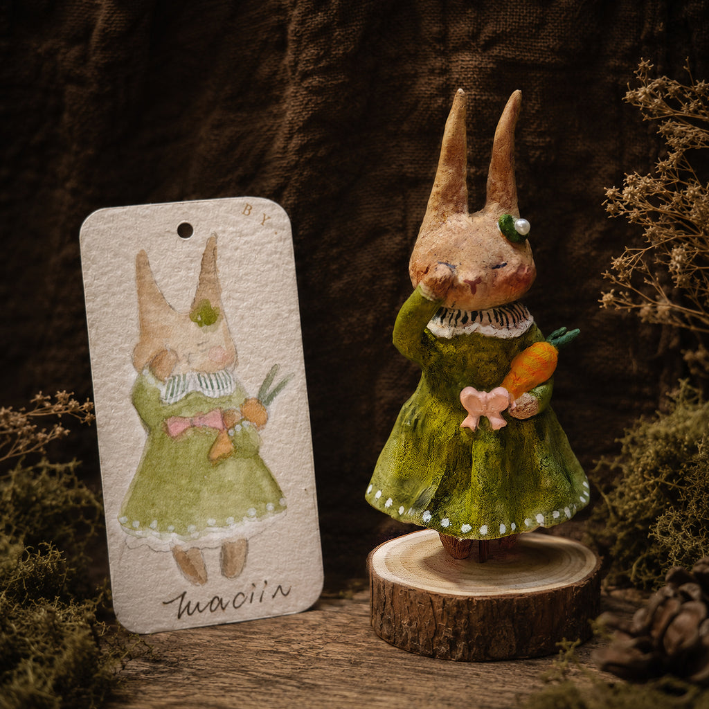 Winterwood Atelier Willowwick Family Rabbit Doll, Hand Sculpted Stone Clay Bunny Figurine with Watercolor Card, Guest Artist Tuacii
