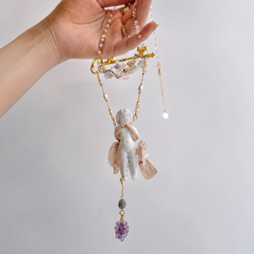 A012 Charlotte Porcelain Doll Necklace, Antique Inspired Ceramic Figure Pendant, Beaded Gold Tone Chain, Romantic Wearable Art Jewelry