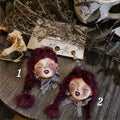 A014 Purple Hair Doll Earrings, Handmade Asymmetrical Doll Earring Pair, No.1 / No.2 / Full Pair, Wearable Art