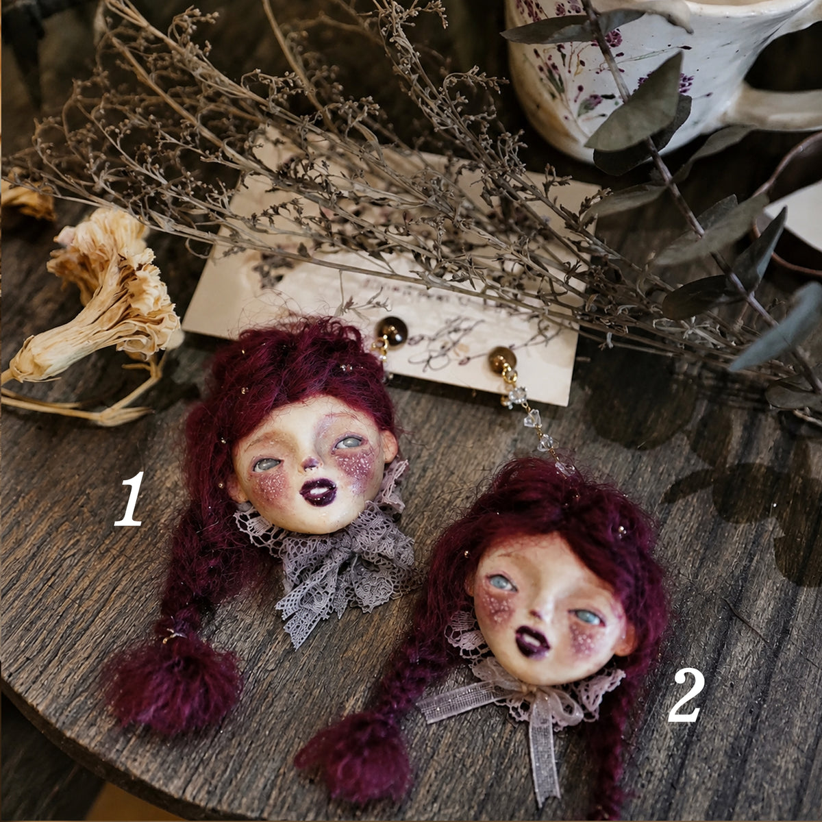 A014 Purple Hair Doll Earrings, Handmade Asymmetrical Doll Earring Pair, No.1 / No.2 / Full Pair, Wearable Art