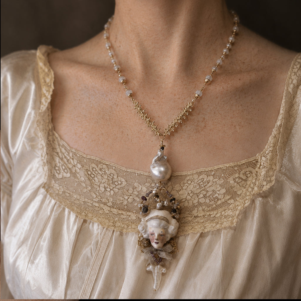 A011 Odette Cross Doll Necklace, Handmade Resin Clay Face, Baroque Pearl and Czech Bead, Romantic Gothic Wearable Art Jewelry Gift