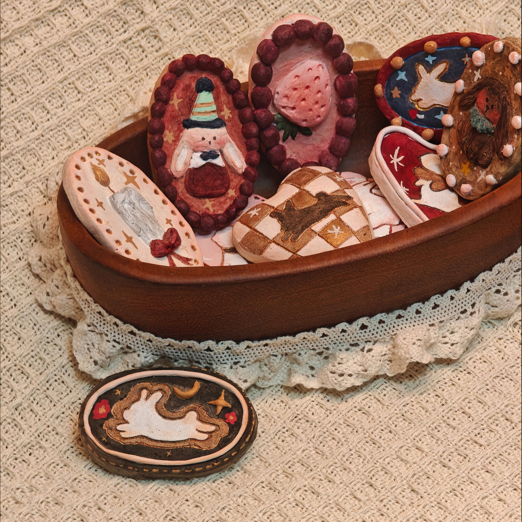 Winterwood Atelier Handmade Clay Brooch, 10 Styles, Rabbit Candle Witch and Storybook Motifs, Guest Artist Tuacii Collectible Pin