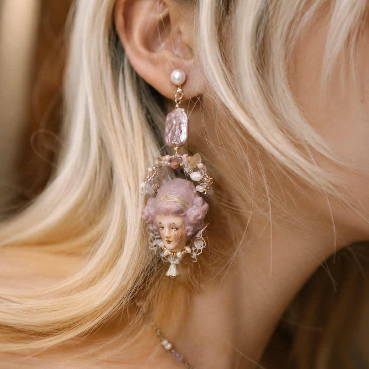 A015 Odette Doll Statement Earring or Clip-On, Handmade Clay Face with Czech Beads, Baroque Pearls, Gold-Plated Copper Wearable Art