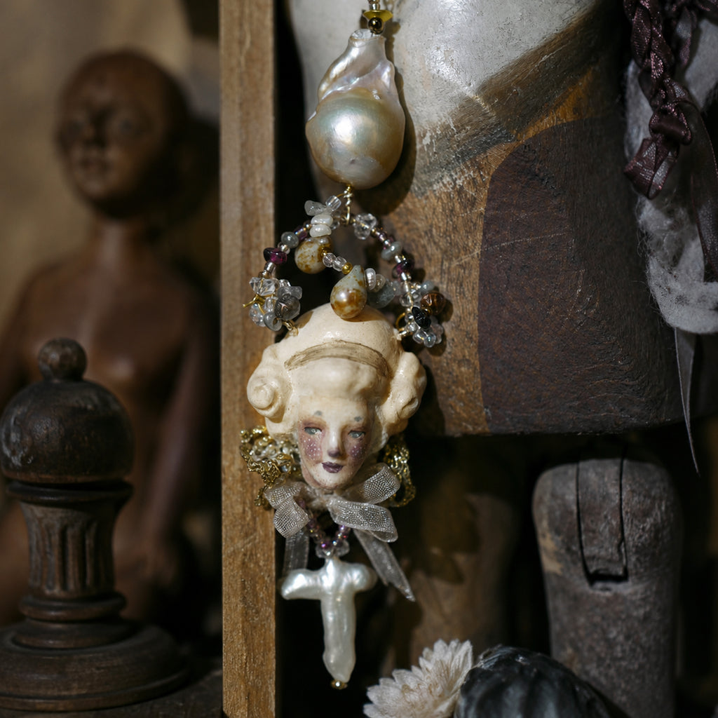 A011 Odette Cross Doll Necklace, Handmade Resin Clay Face, Baroque Pearl and Czech Bead, Romantic Gothic Wearable Art Jewelry Gift