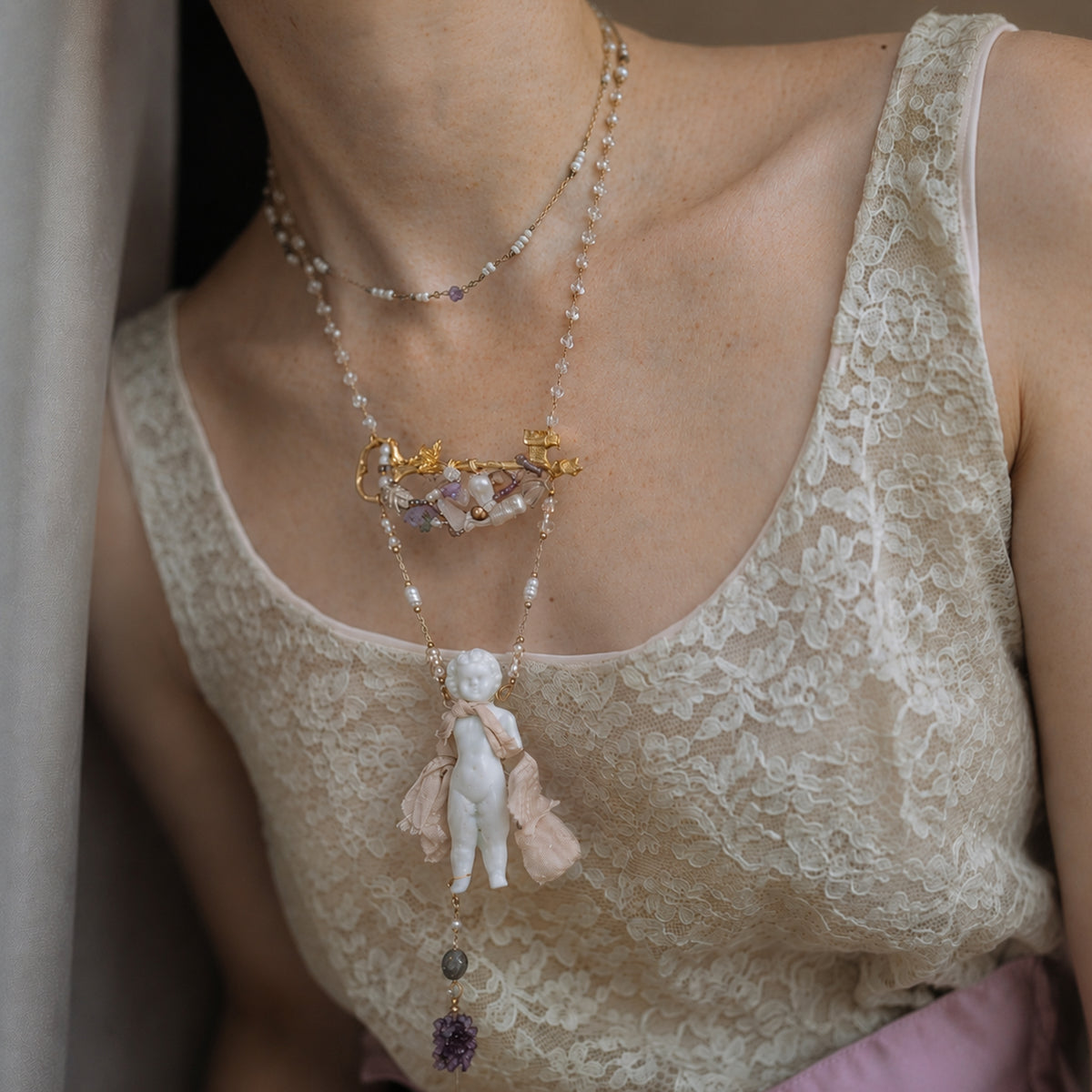 A012 Charlotte Porcelain Doll Necklace, Antique Inspired Ceramic Figure Pendant, Beaded Gold Tone Chain, Romantic Wearable Art Jewelry