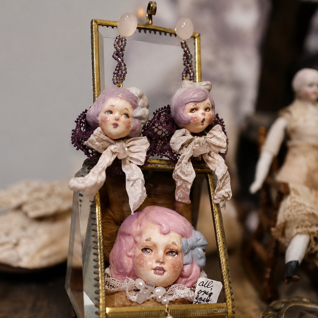 A013 Mabel & Lucille Doll Jewelry Set, Asymmetric Earrings and Girl Necklace, Handmade Clay Czech Bead Wool Hair Wearable Art