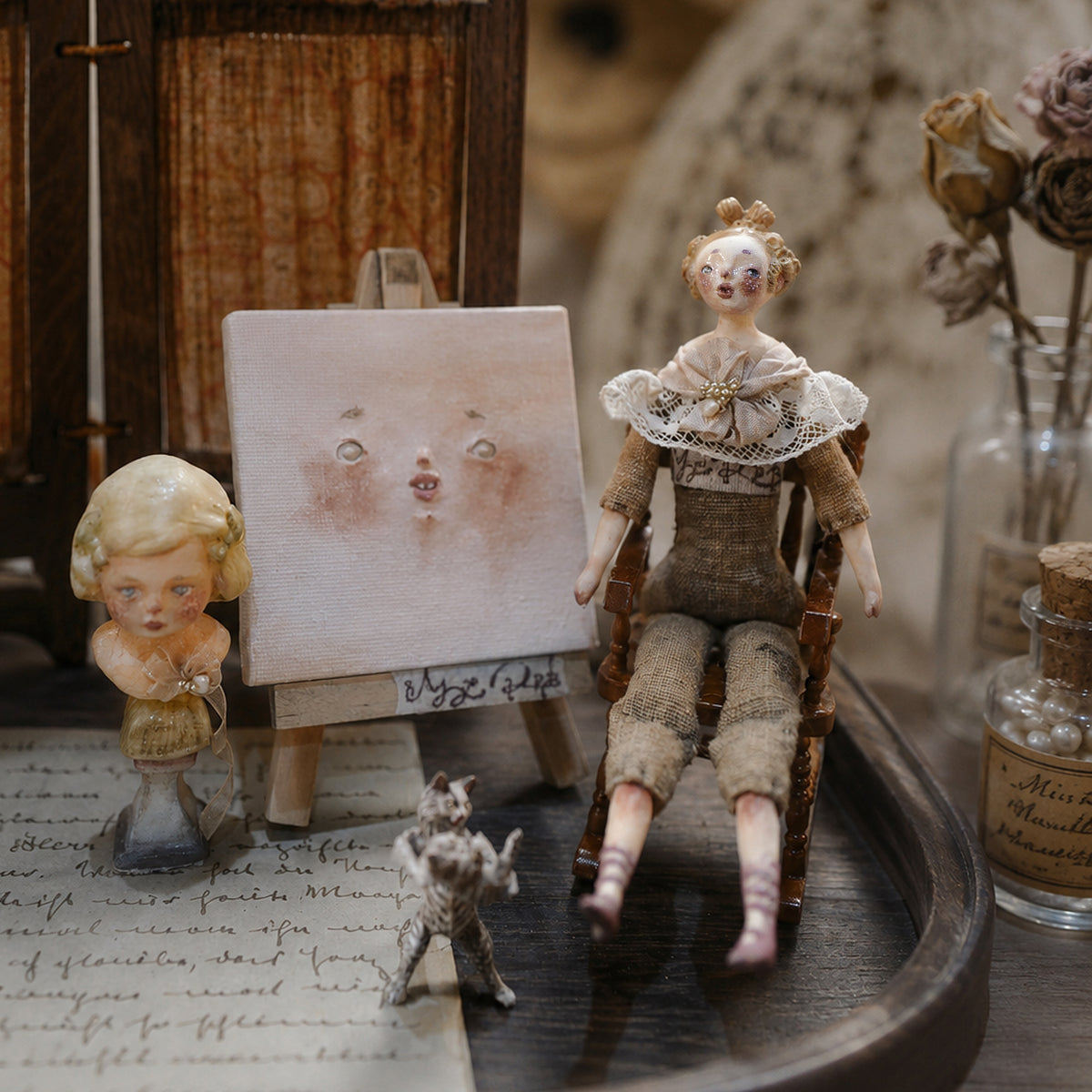 Seated Art Doll & Wooden Chair