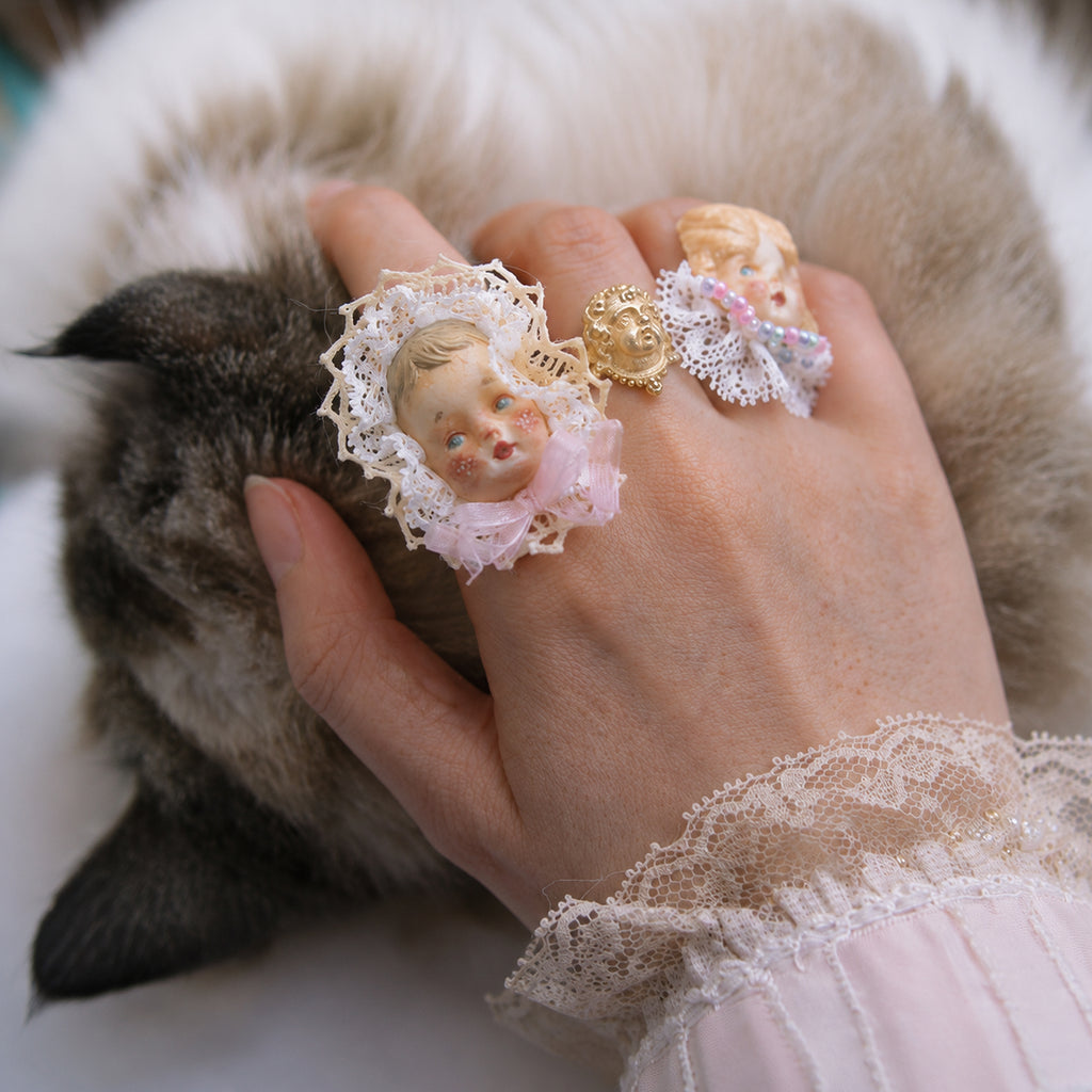 A016 Handmade Doll Face Statement Ring, Giant Baby or Pumpkin Head, Resin Clay Lace Beaded Gold-Plated Copper Wearable Art Jewelry