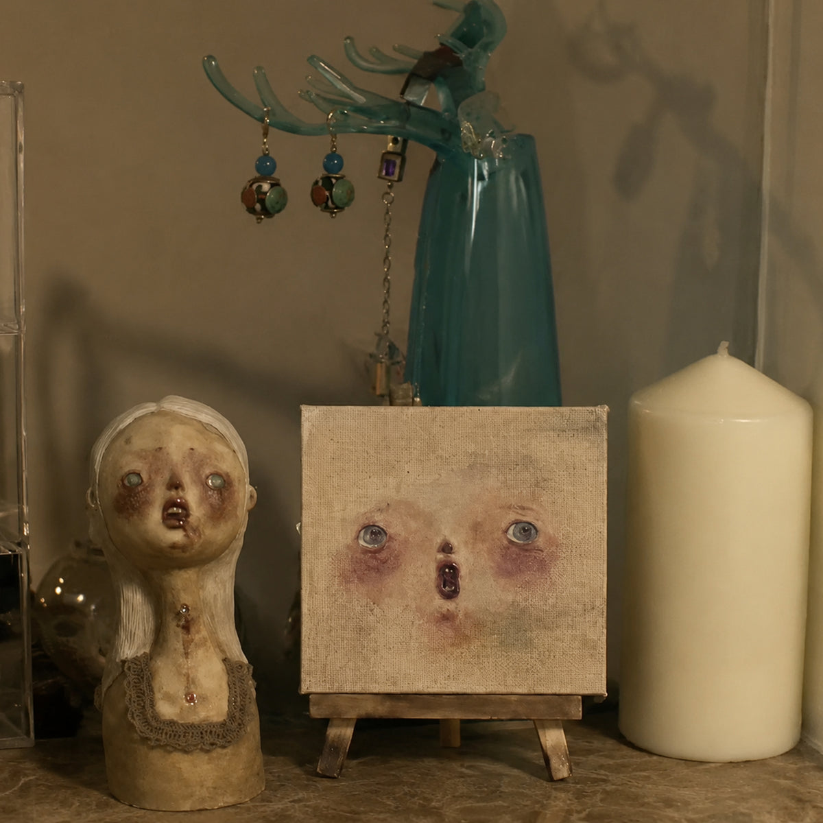 A010 Handmade Clay Relief Portrait, 10cm Miniature Face Art, Made to Order Doll Display Decor, Surreal Lambwick Manor Collectible Art