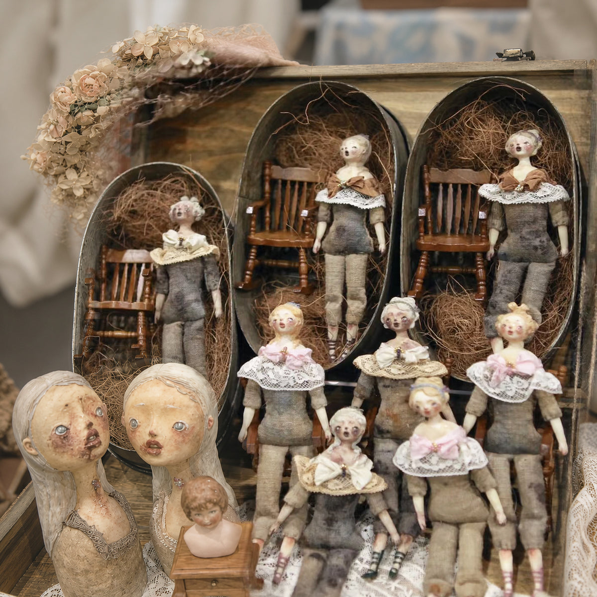 Seated Art Doll & Wooden Chair