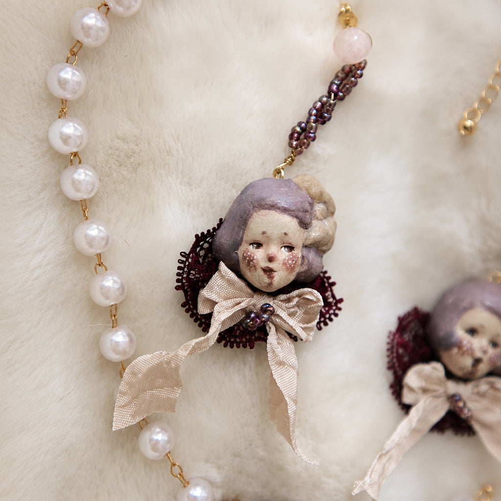 A013 Mabel & Lucille Doll Jewelry Set, Asymmetric Earrings and Girl Necklace, Handmade Clay Czech Bead Wool Hair Wearable Art