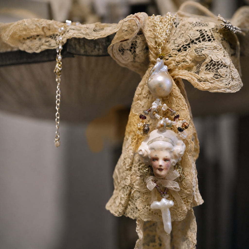 A011 Odette Cross Doll Necklace, Handmade Resin Clay Face, Baroque Pearl and Czech Bead, Romantic Gothic Wearable Art Jewelry Gift