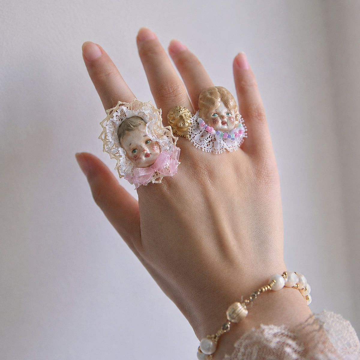 A016 Handmade Doll Face Statement Ring, Giant Baby or Pumpkin Head, Resin Clay Lace Beaded Gold-Plated Copper Wearable Art Jewelry
