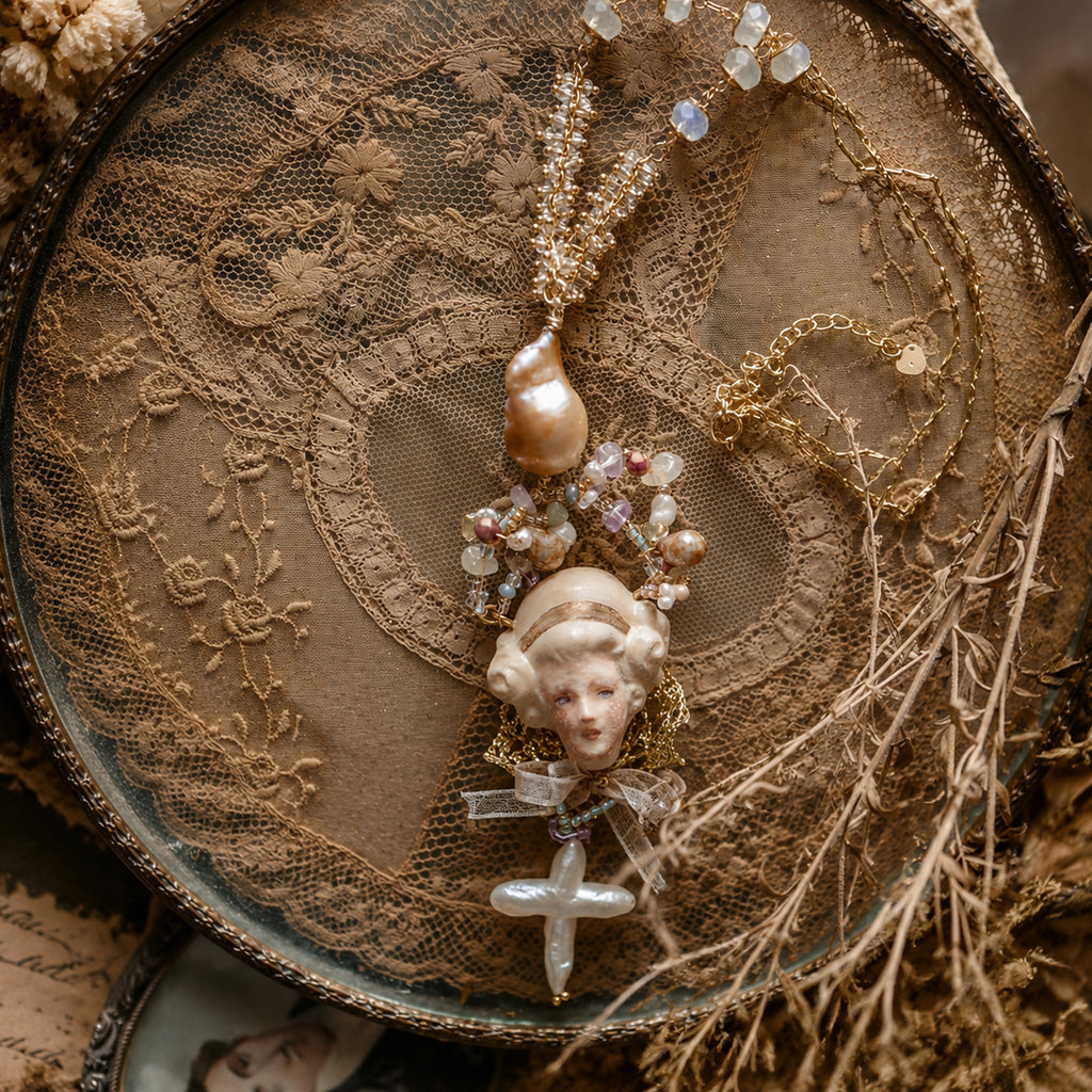 A011 Odette Cross Doll Necklace, Handmade Resin Clay Face, Baroque Pearl and Czech Bead, Romantic Gothic Wearable Art Jewelry Gift