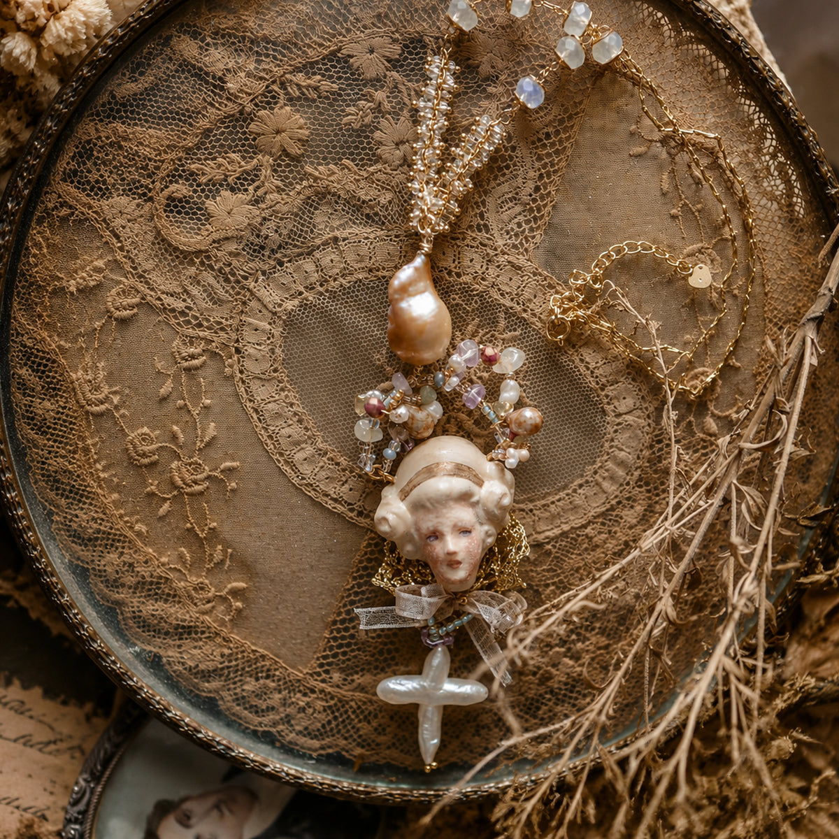 A011 Odette Cross Doll Necklace, Handmade Resin Clay Face, Baroque Pearl and Czech Bead, Romantic Gothic Wearable Art Jewelry Gift