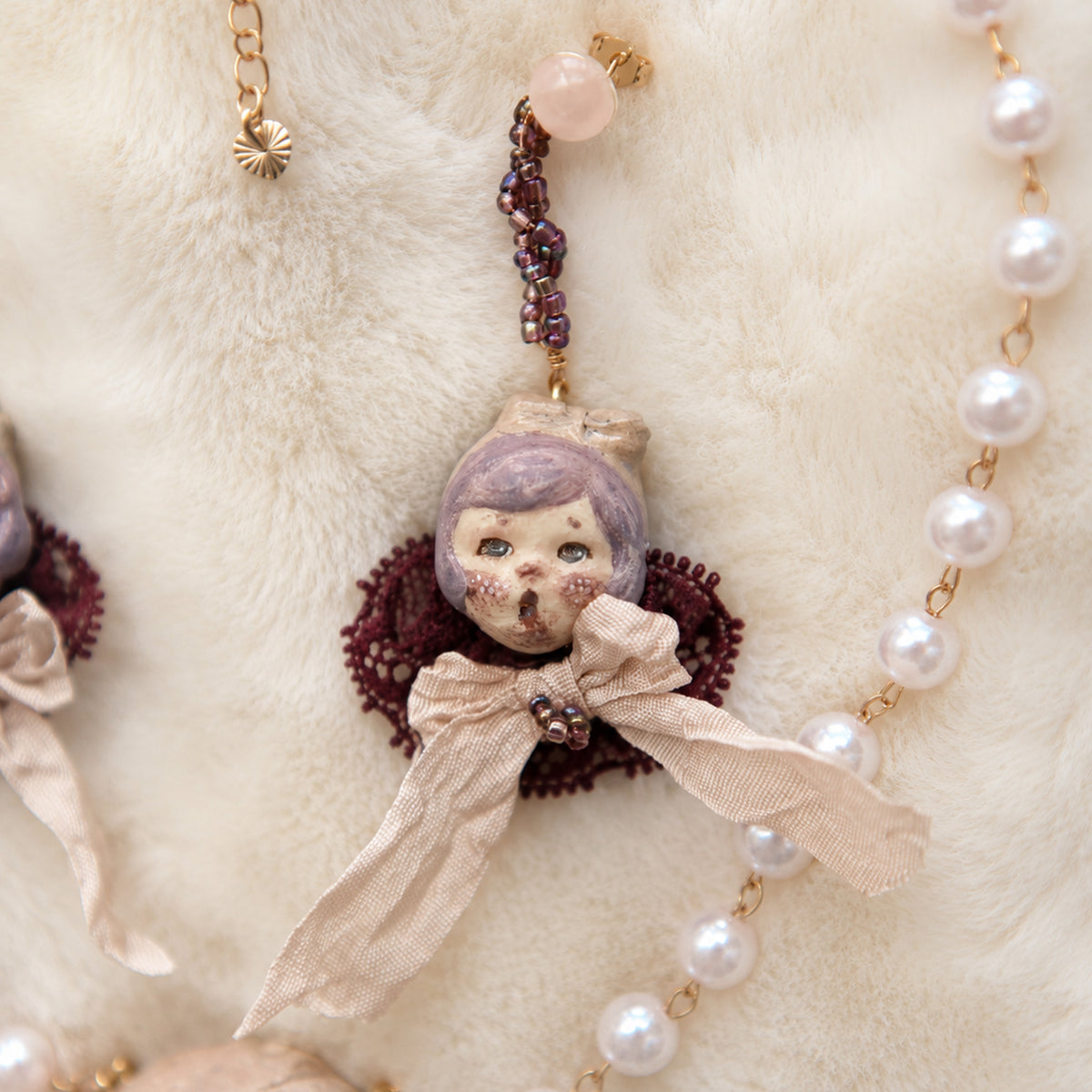 A013 Mabel & Lucille Doll Jewelry Set, Asymmetric Earrings and Girl Necklace, Handmade Clay Czech Bead Wool Hair Wearable Art