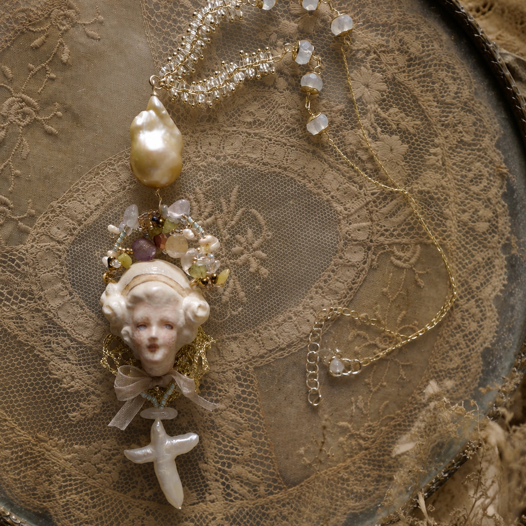 A011 Odette Cross Doll Necklace, Handmade Resin Clay Face, Baroque Pearl and Czech Bead, Romantic Gothic Wearable Art Jewelry Gift