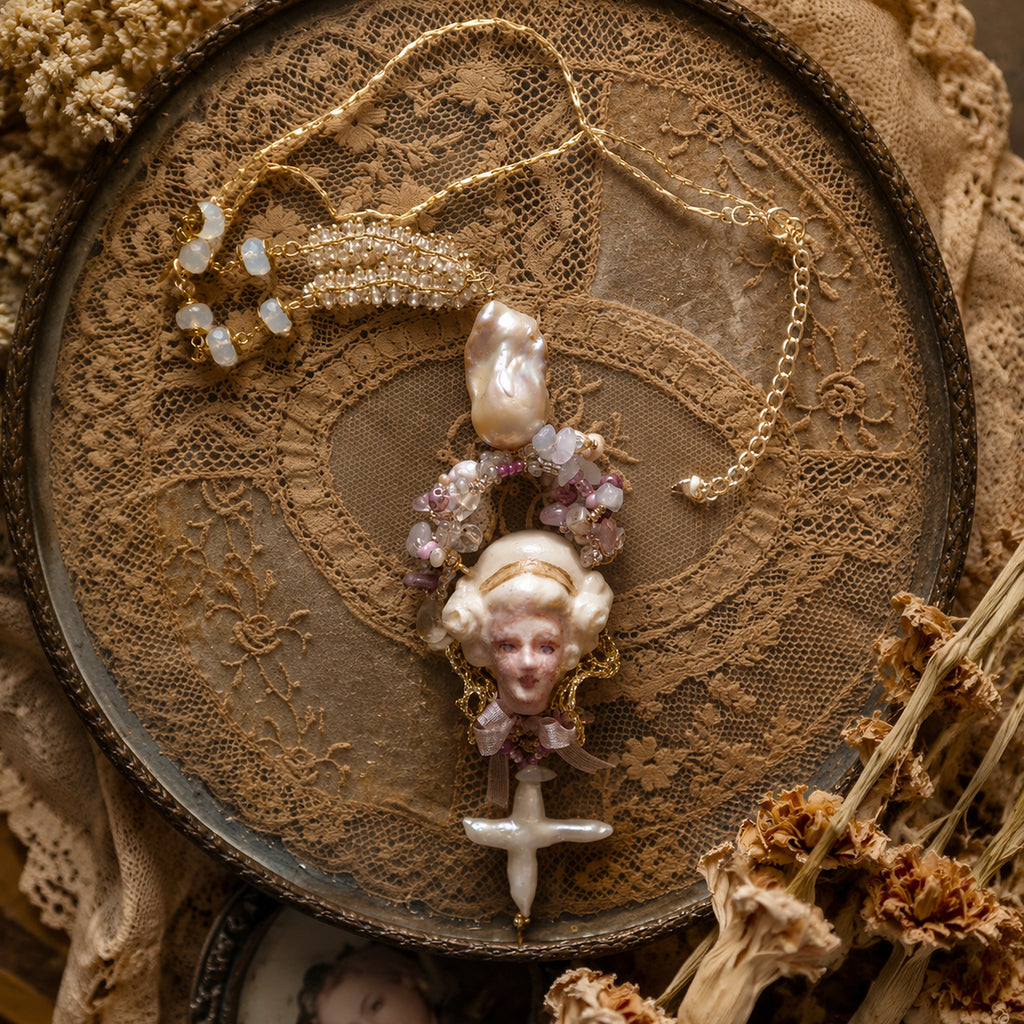 A011 Odette Cross Doll Necklace, Handmade Resin Clay Face, Baroque Pearl and Czech Bead, Romantic Gothic Wearable Art Jewelry Gift