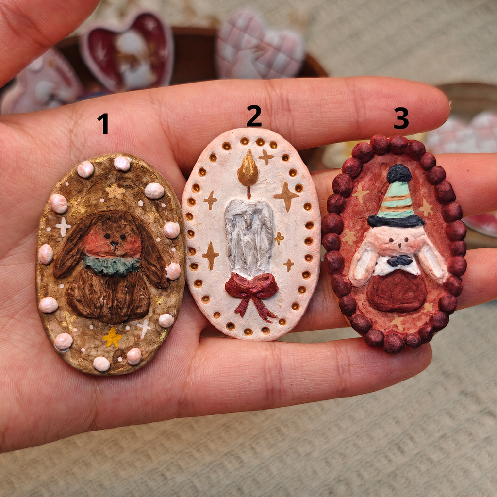 Winterwood Atelier Handmade Clay Brooch, 10 Styles, Rabbit Candle Witch and Storybook Motifs, Guest Artist Tuacii Collectible Pin