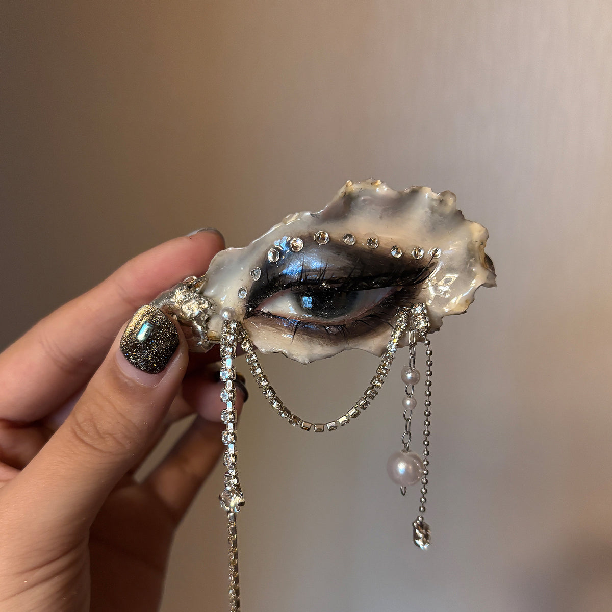 Lilith Veil: Black & White Smoky — Crystal-Draped Oyster Eye