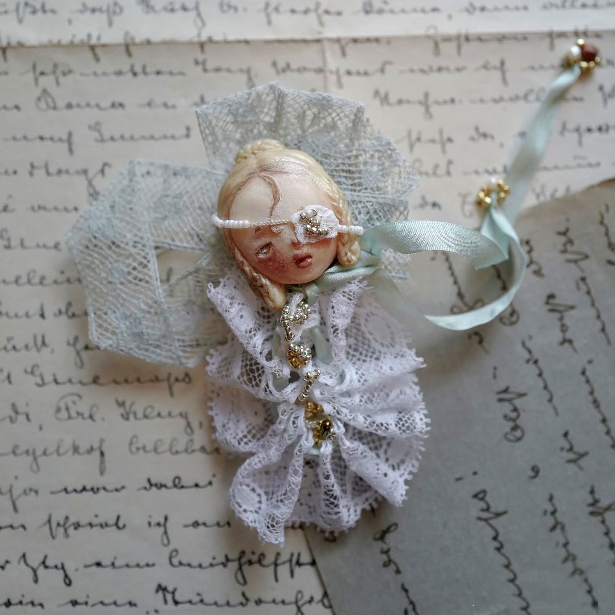 A003 Handmade Masked Doll Brooch, Black or White Lace Wearable Art, Resin Clay Statement Pin, Gothic Romantic Lambwick Manor Boxed Gift