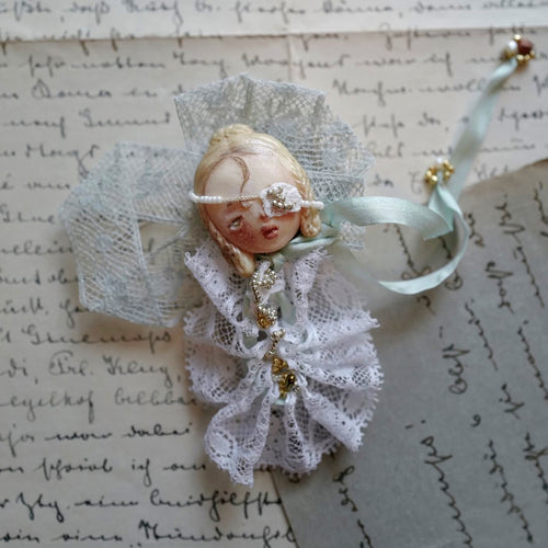 A003 Handmade Masked Doll Brooch, Black or White Lace Wearable Art, Resin Clay Statement Pin, Gothic Romantic Lambwick Manor Boxed Gift
