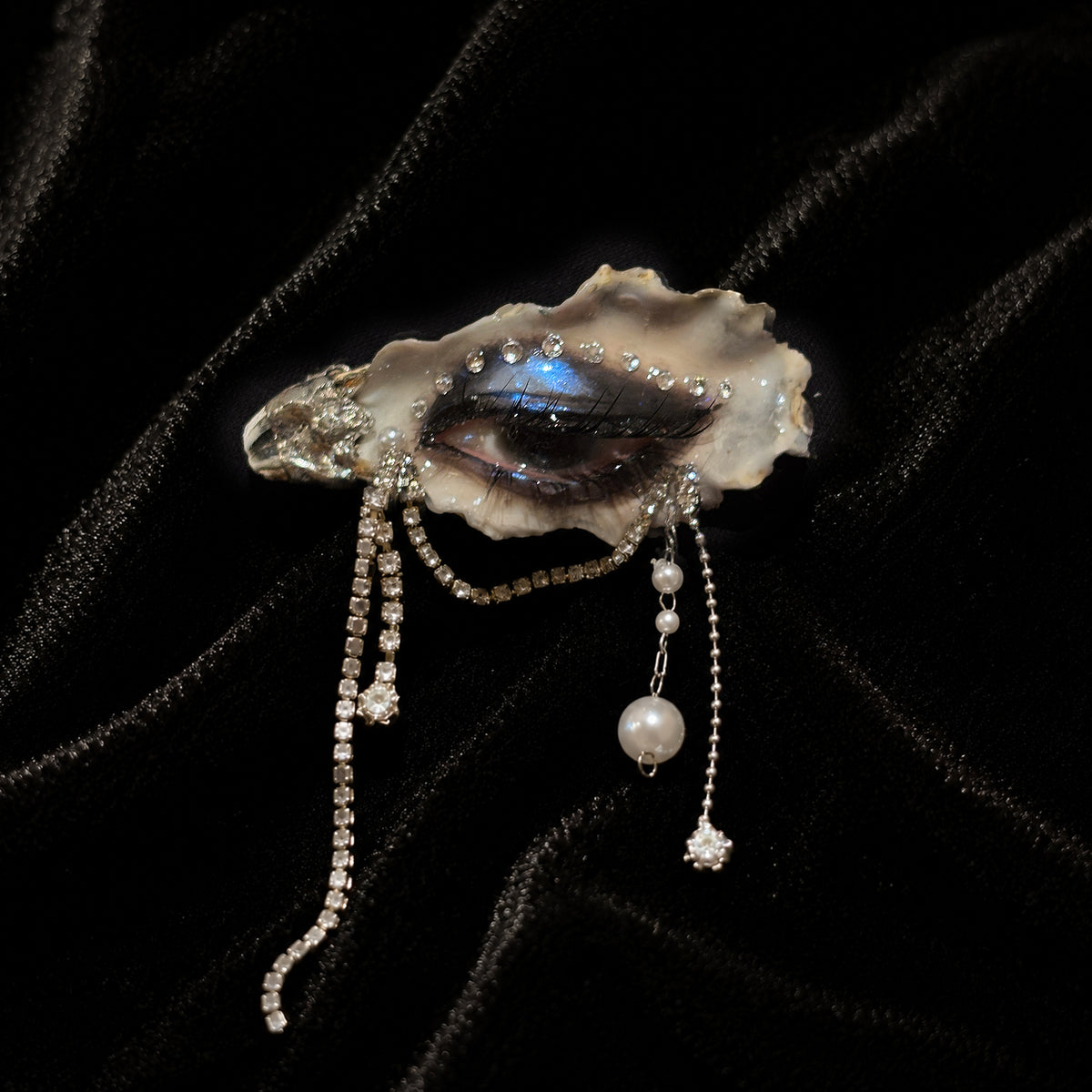Lilith Veil: Black & White Smoky — Crystal-Draped Oyster Eye