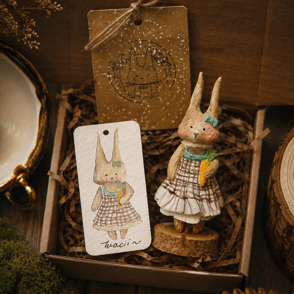 Winterwood Atelier Willowwick Family Rabbit Doll, Hand Sculpted Stone Clay Bunny Figurine with Watercolor Card, Guest Artist Tuacii