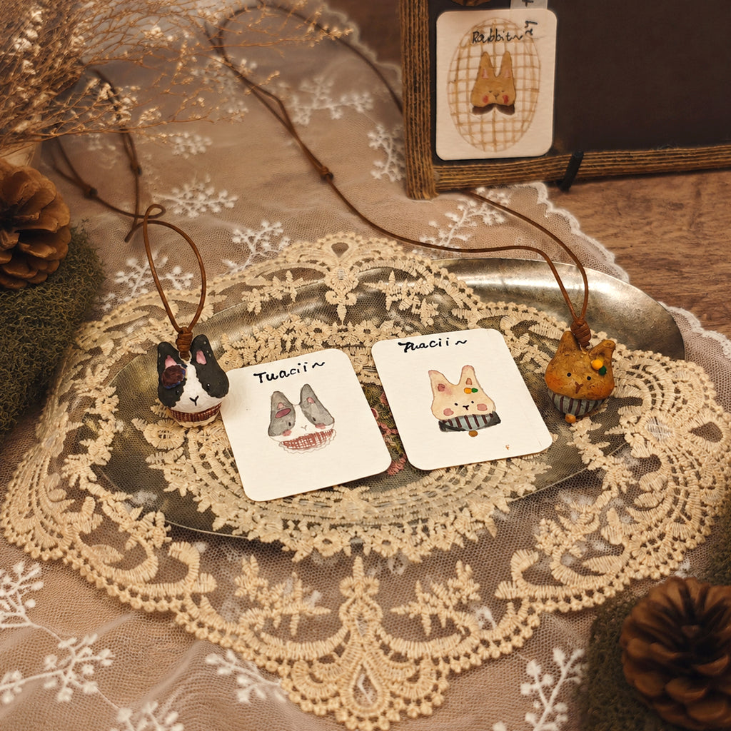 Winterwood Atelier Rabbit Pendant Necklace, Hand Sculpted Stone Clay Bunny, 13 Styles with Watercolor Card, Guest Artist Tuacii Jewelry