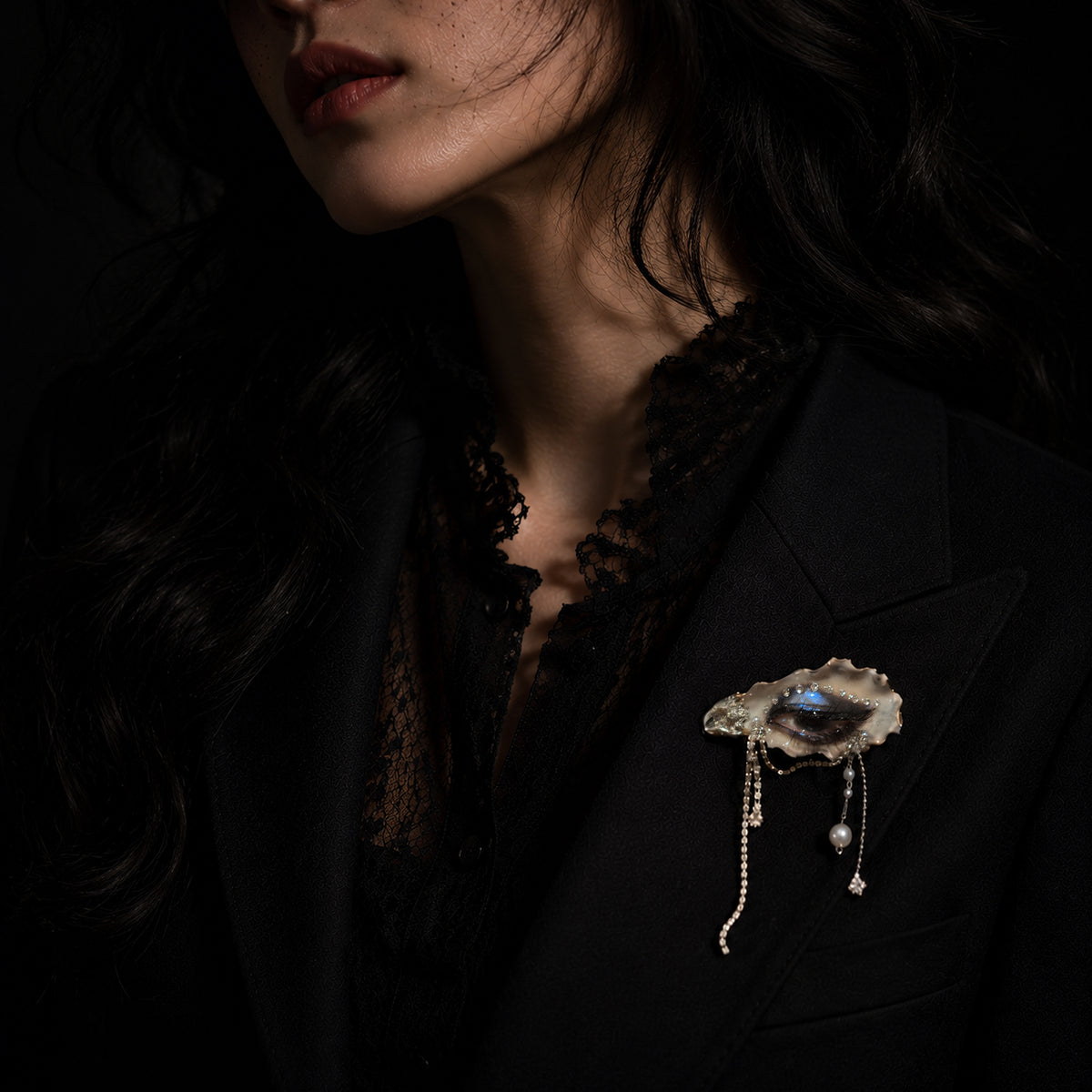 Lilith Veil: Black & White Smoky — Crystal-Draped Oyster Eye