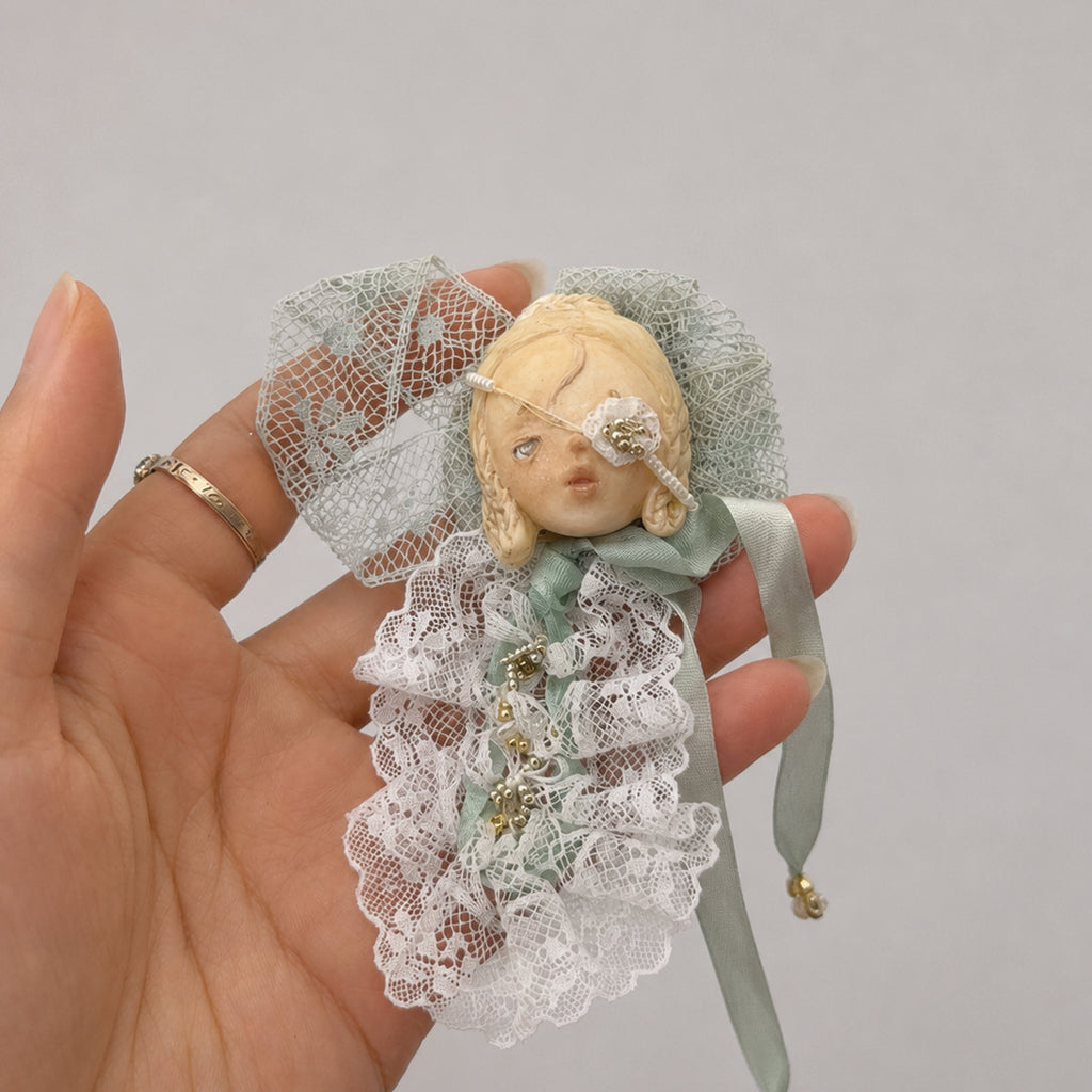 A003 Handmade Masked Doll Brooch, Black or White Lace Wearable Art, Resin Clay Statement Pin, Gothic Romantic Lambwick Manor Boxed Gift