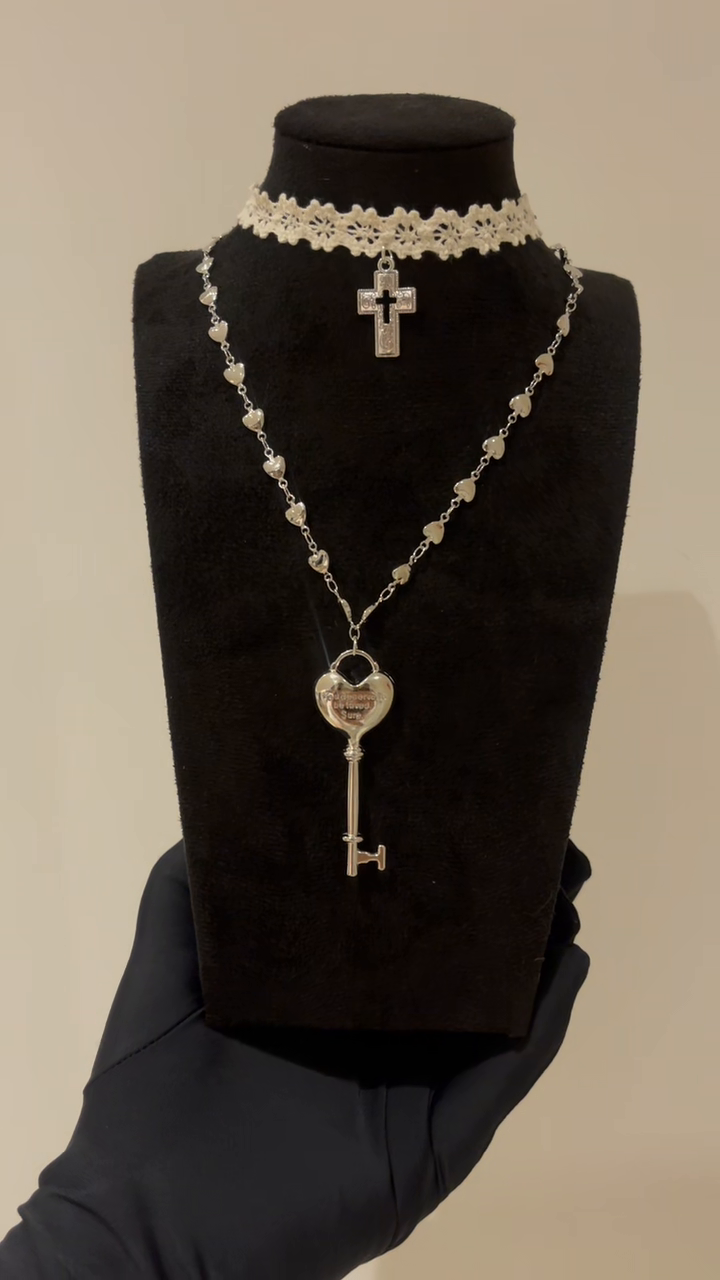 Ivory Lace Cross Choker or Heart Key Necklace