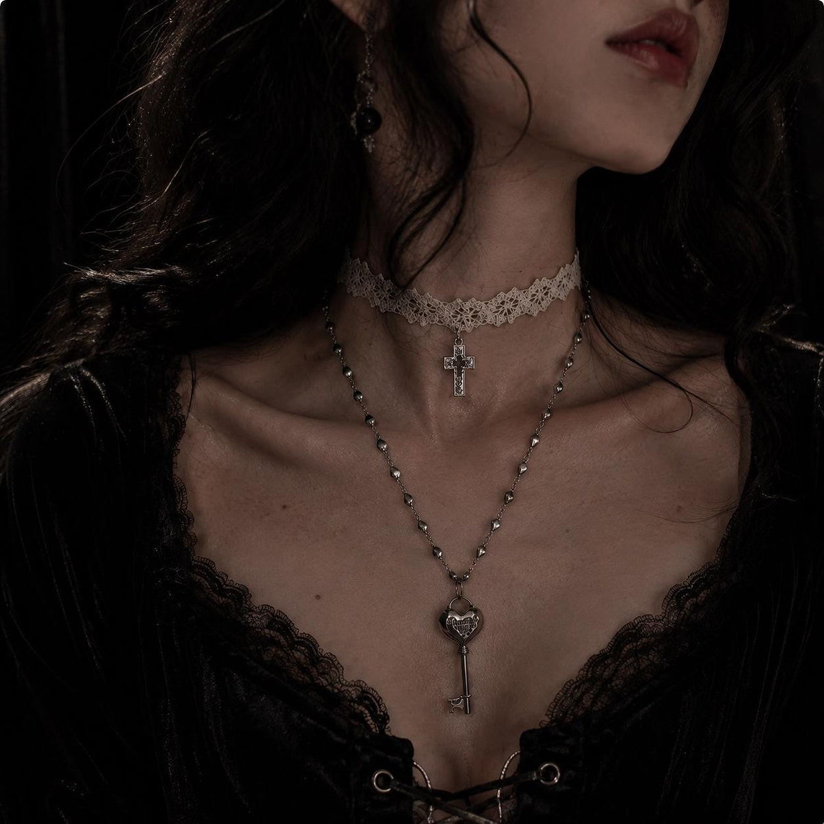 Ivory Lace Cross Choker or Heart Key Necklace — primary view