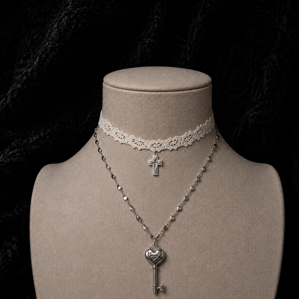 Ivory Lace Cross Choker or Heart Key Necklace — view 2