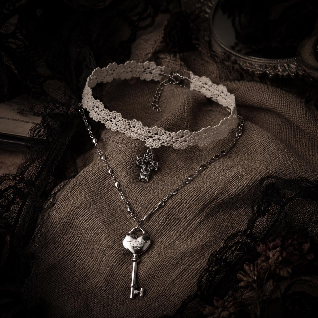 Ivory Lace Cross Choker or Heart Key Necklace — view 3