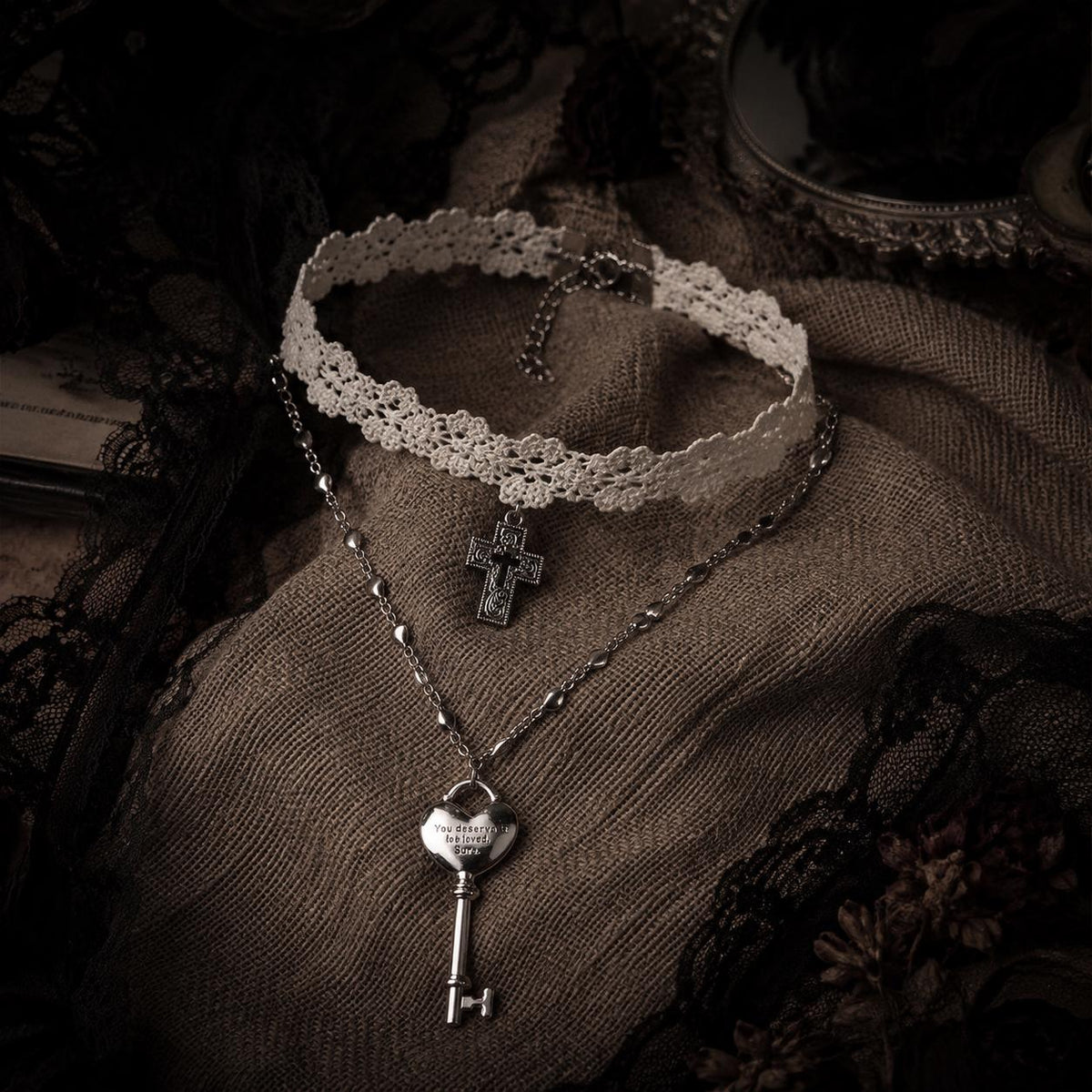 Ivory Lace Cross Choker or Heart Key Necklace — view 3