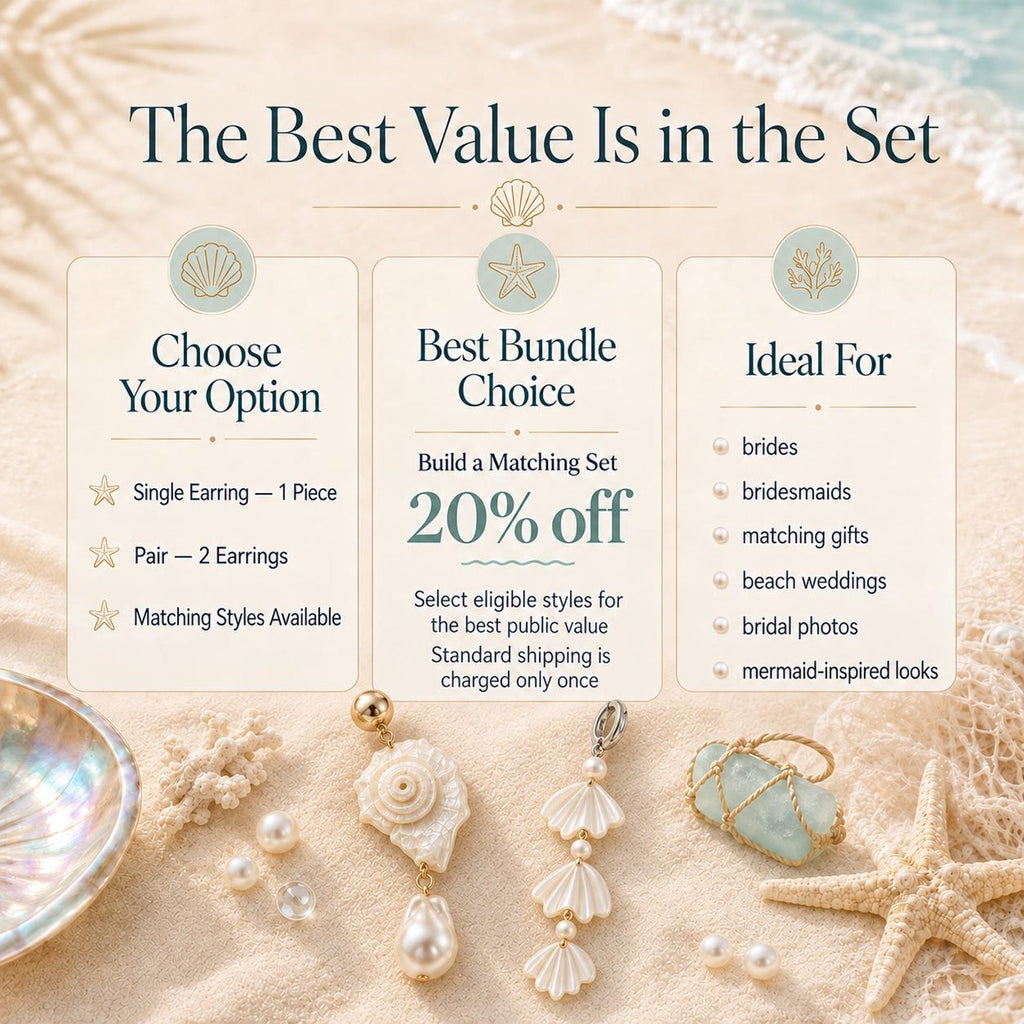 Comparison card outlining single, pair and matching-set shell-jewelry options.