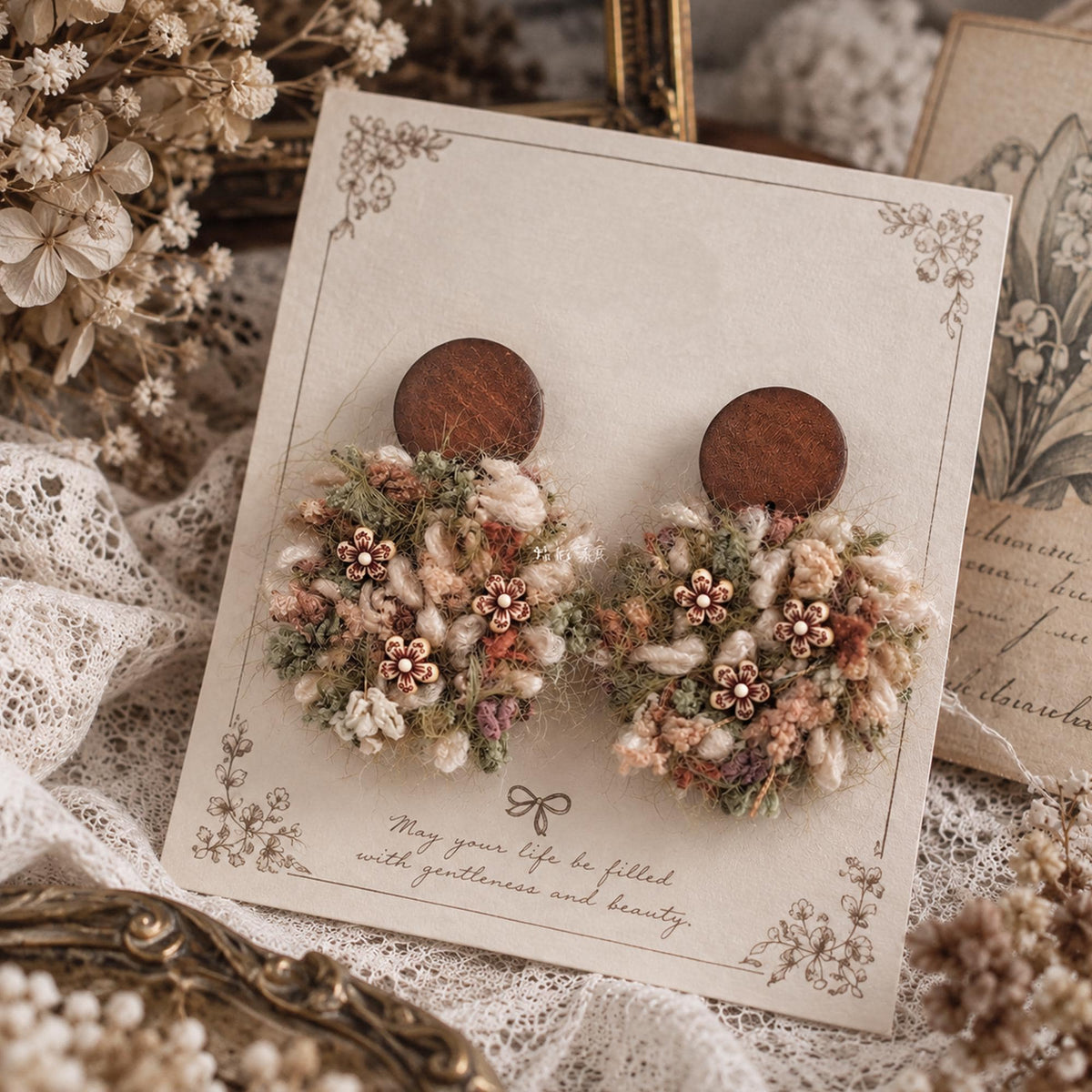 Handmade Yarn Floral Earrings, Cottagecore Boho Fiber Art Jewelry