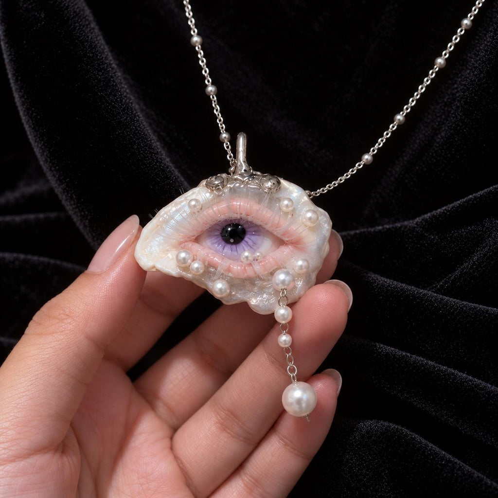 Lilac Veil oyster-eye pendant held in a hand, showing its pearl-like rim and drop.