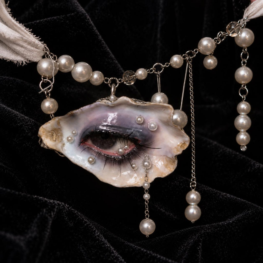 AMETHYST TEARS Thermochromic Oyster Eye Brooch & Choker, Purple Pearl Gothic Wearable Art, LV030